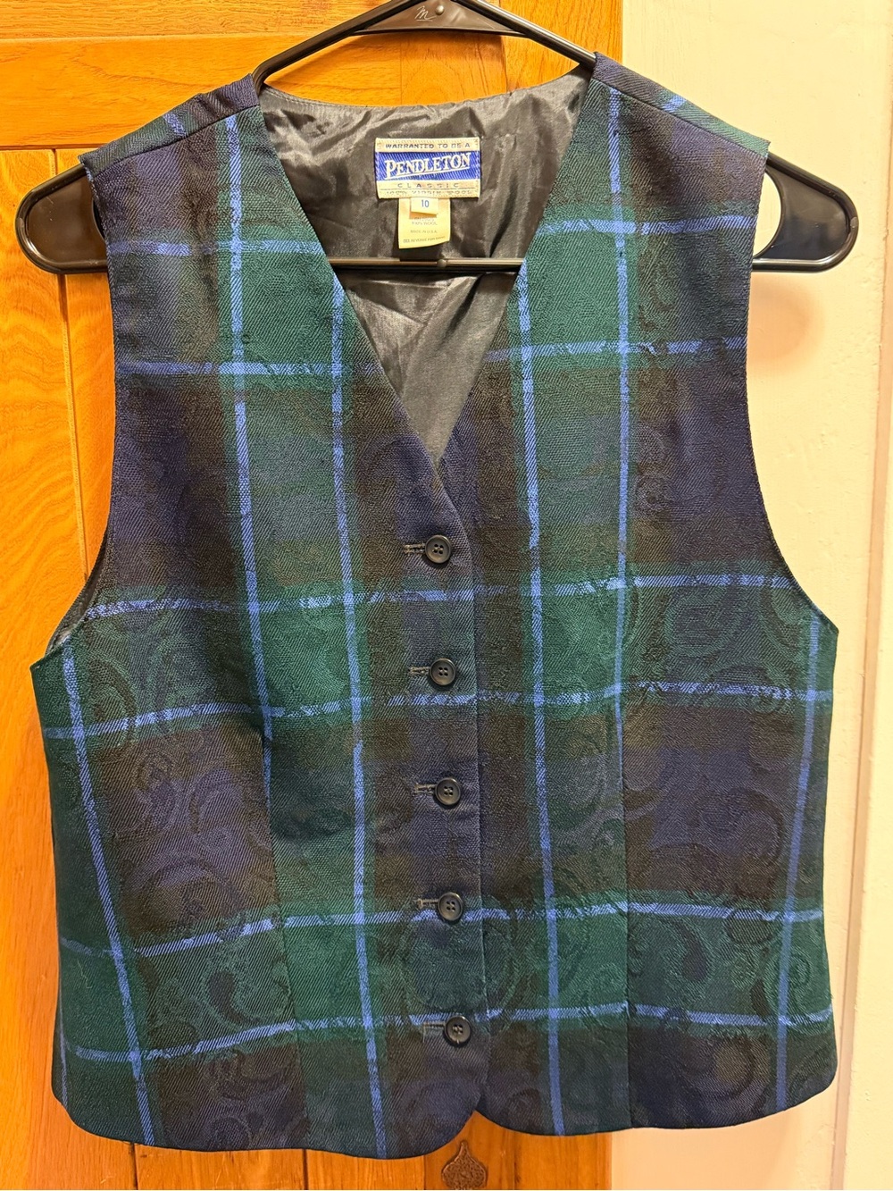 Women’s Vintage 100% Wool Pendleton Forest Green & Navy Plaid Vest Size 10